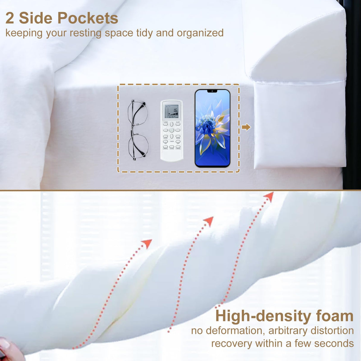 Vekkia King Bed Wedge Pillow for Headboard/Wedge Pillow Headboard/Bed Gap Filler/Headboard Pillow,Pillow Wedge for Headboard Gap0-3.5",Stop Loosing Your Pillows,Phone&Glasses(White 76"x6.5"x4.5")