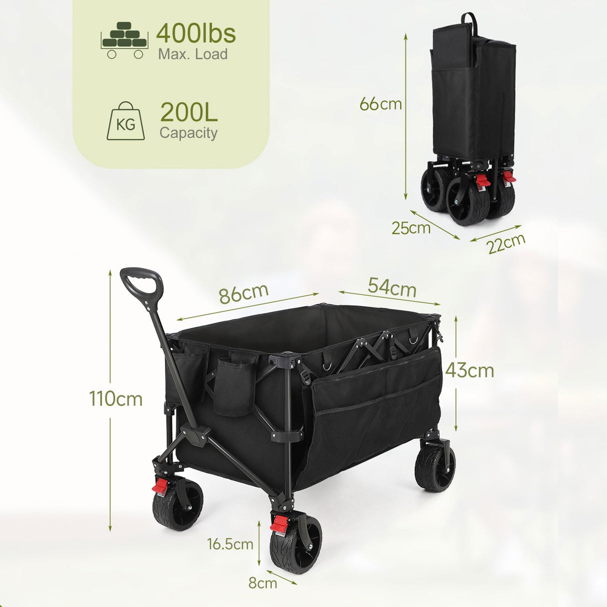 HAUSPROFI Collapsible Wagon Cart, 400 lbs Capacity, 7 cu ft (200L) Large Storage, Heavy Duty Foldable Utility Wagon with Pockets, Beach Wagon with Big Wheels for Sand, Garden, Camping & Grocery