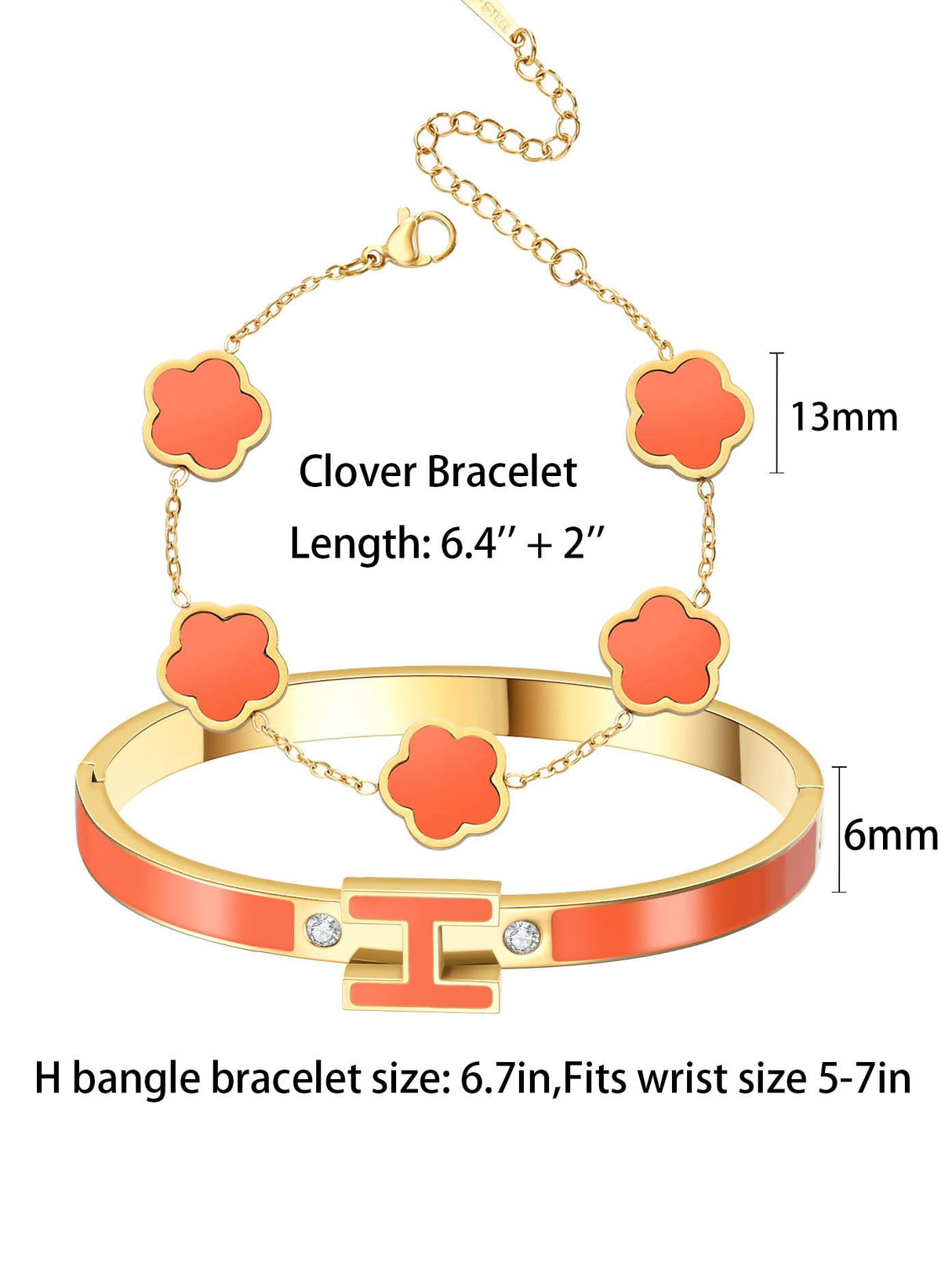 fekang Gold H Bangle & Clover Bracelet for Women -Orange bracelet Set