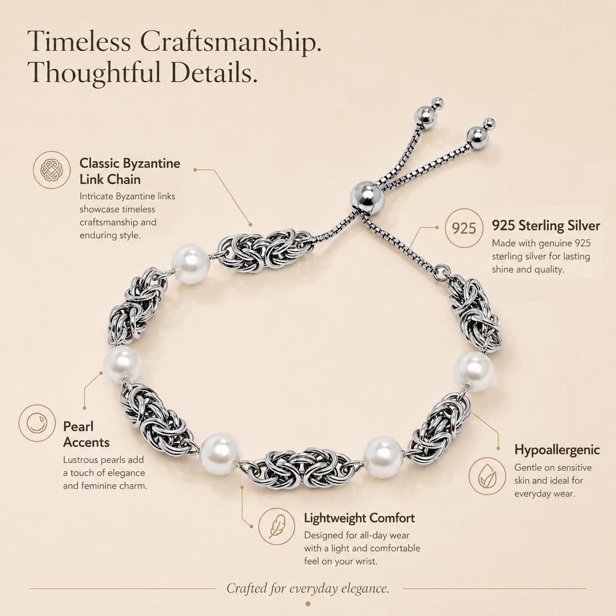 LeCalla 925 Sterling Silver Byzantine Bracelet Jewelry Italian Rhodium Plated Simulated Pearl Beaded Sliding Bolo Bracelet for Women