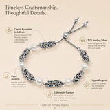 LeCalla 925 Sterling Silver Byzantine Bracelet Jewelry Italian Rhodium Plated Simulated Pearl Beaded Sliding Bolo Bracelet for Women