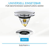 Bächlein Universal Pop Up Washbasin Plug - Chrome Drain Strainer for Washbasins - 40mm Drain Valve Plug with Hair Strainer