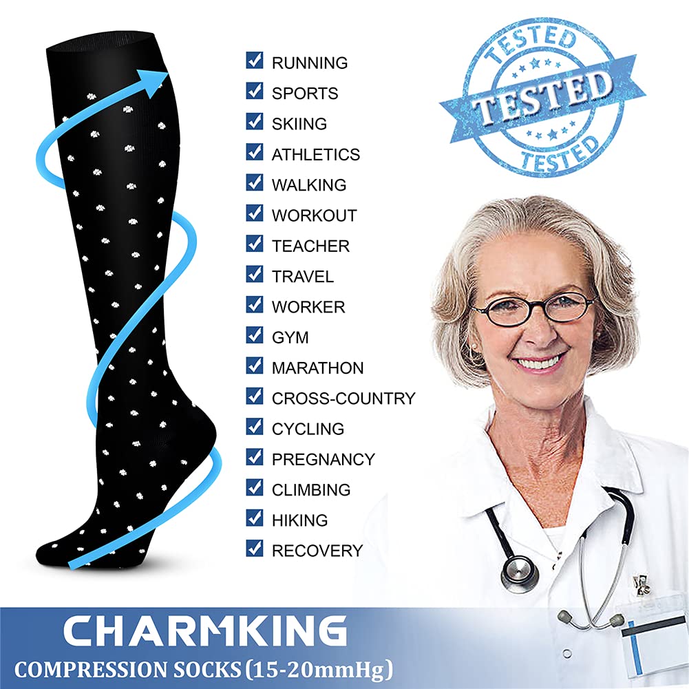 CHARMKING Compression Socks for Women & Men (8 Pairs) 15-20 mmHg Graduated Copper Support Socks are Best for Pregnant, Nurses - Boost Performance, Circulation, Knee High & Wide Calf (S/M, Multi 41)