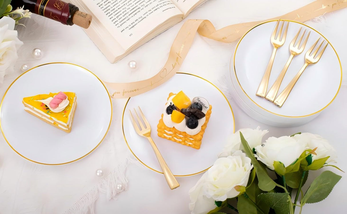 Festiva 200Pcs Gold Dessert Plates 6.3" with Forks 5"- Small Disposable Dessert/Cake/Appetizer Plates Plates- serve 100 guests include 100Plates 100Forks for Wedding Party&Thanksgiving&Christmas
