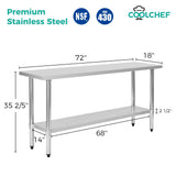Okeyolive Stainless Steel Work Table 18 x 72 Inch, NSF Commercial Prep Table with Undershelf, Heavy Duty Food Prep Workstation