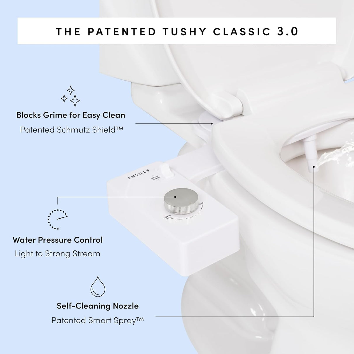 TUSHY Classic 3.0 Bidet Toilet Seat Attachment - a Non-Electric Self Cleaning Water Sprayer with Adjustable Water Pressure Nozzle, Angle Control & Easy Home Installation (Brushed Nickel)