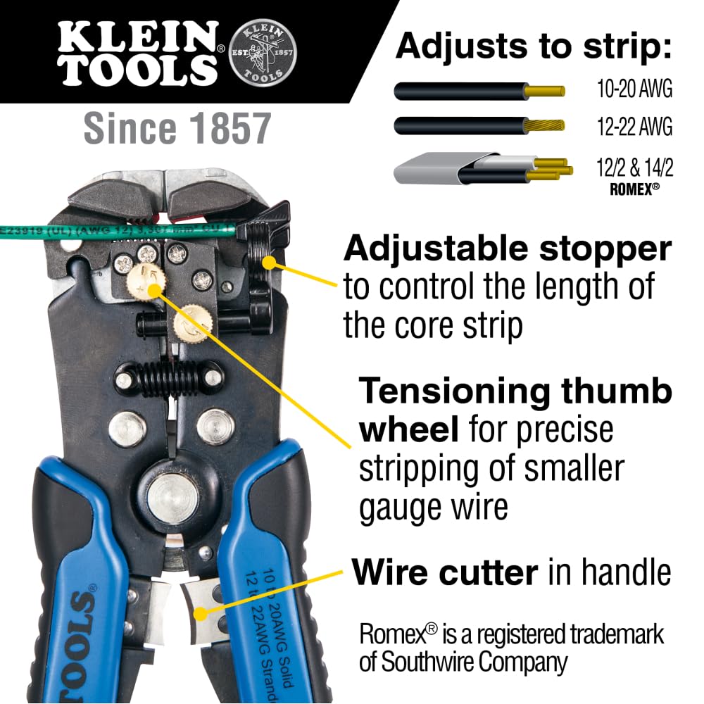 Klein Tools 11061 Self-Adjusting Stripper / Cutter, Heavy Duty, for 10-20 AWG Solid, 12-22 AWG Stranded, and Romex Wire 12/2 and 14/3