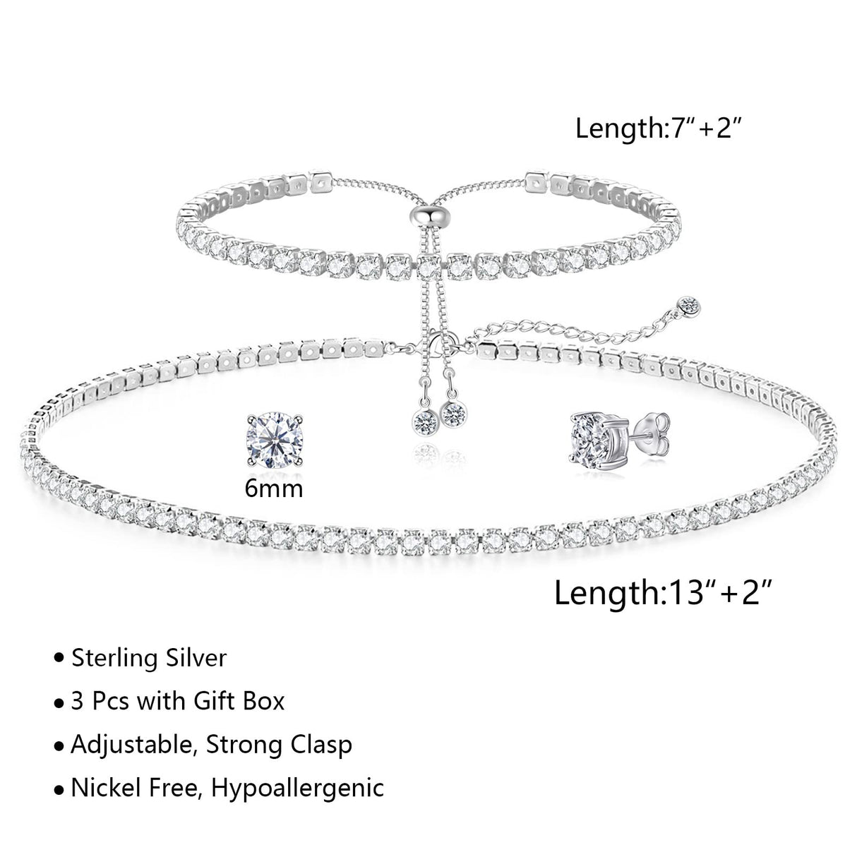 HAXIYA Tennis Necklace Set for Women Crystal Bracelet Imitation Diamond Earrings Wedding Jewelry for Bride Sterling Silver Plated Jewelry Sets Pack of 3 Gift