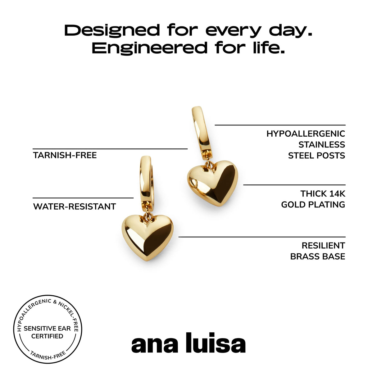 Ana Luisa Heart Charm Earrings for Women 14K Gold & Silver Rhodium Plated