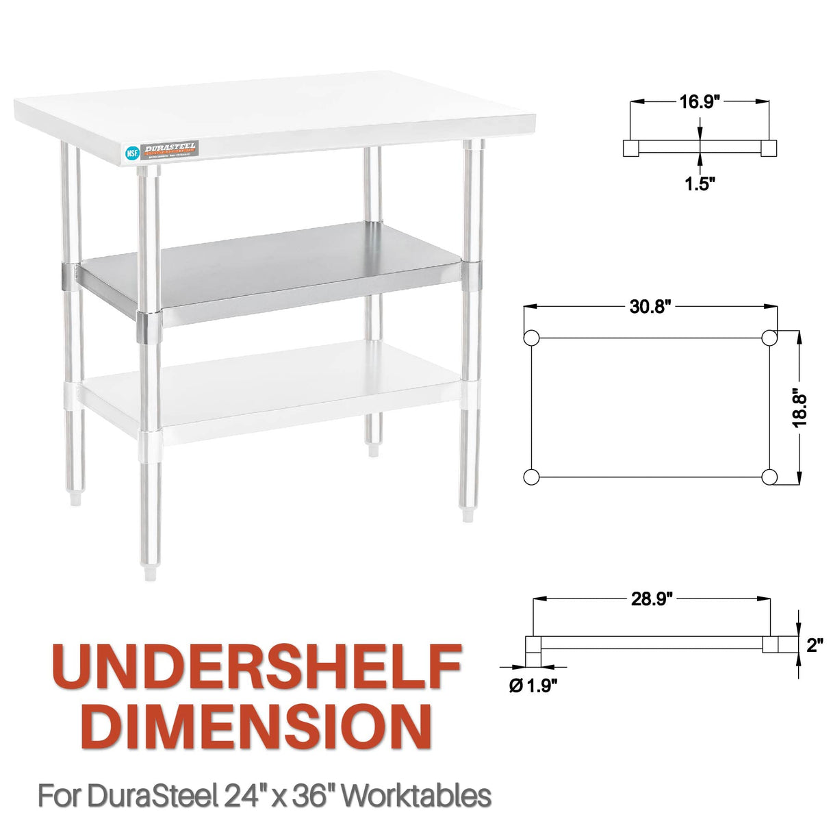 DuraSteel Galvanized Under Shelf for Work Tables - Extra Adjustable Lower Shelf for 24" x 36" Stainless Steel and Wooden Worktables - Fits for use in Restaurant, Warehouse, Home, Kitchen, Garage