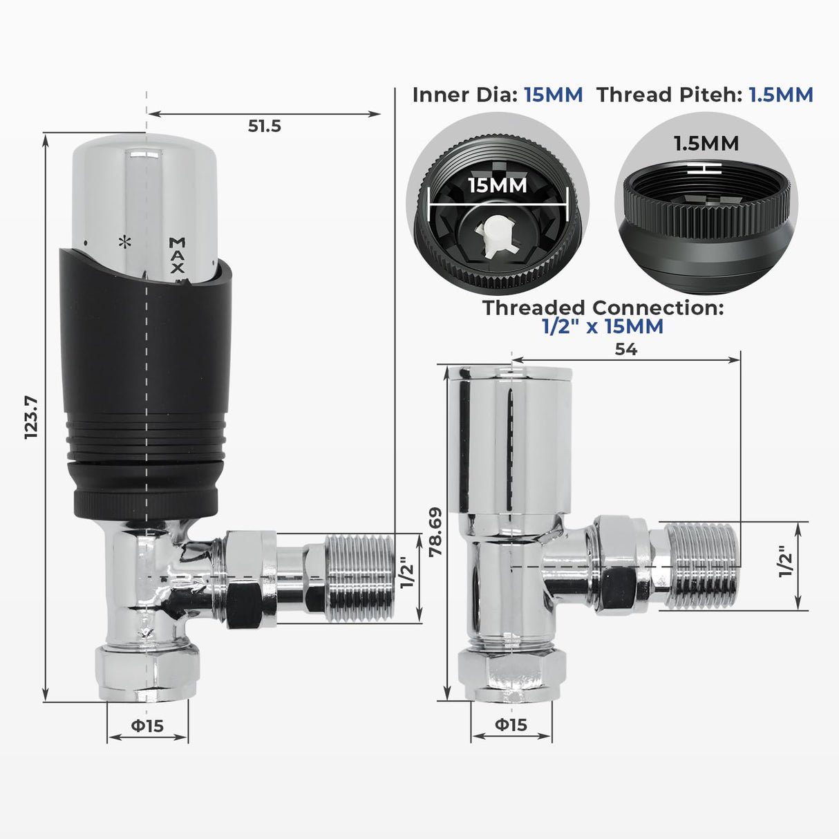Radiator Valve Angled - Vancoco Modern TRV H62 Brass Pair Manual Radiator Valve Thermostatic Valve Set Thermostatic Valve 1/2" x 15mm Radiator Valves for Radiator Central Heating