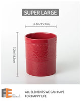 FUN ELEMENTS Kitchen Utensil Holder, 7.2" Super Large Utensil Crock Heavy and Stable Lace Emboss Ceramic Utensil Holder for Kitchen Counter (Christmas Red)