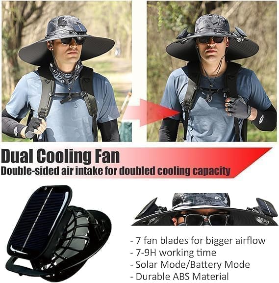 Wide Brim Solar Fan Hat Outdoor Fishing Hat with Fan Built in Sombrero para el Sol Hombre Waterproof Removable Outdoor Solar Fan Hats for Men Solar & USB Charging (US, Alpha, One Size, Color A)