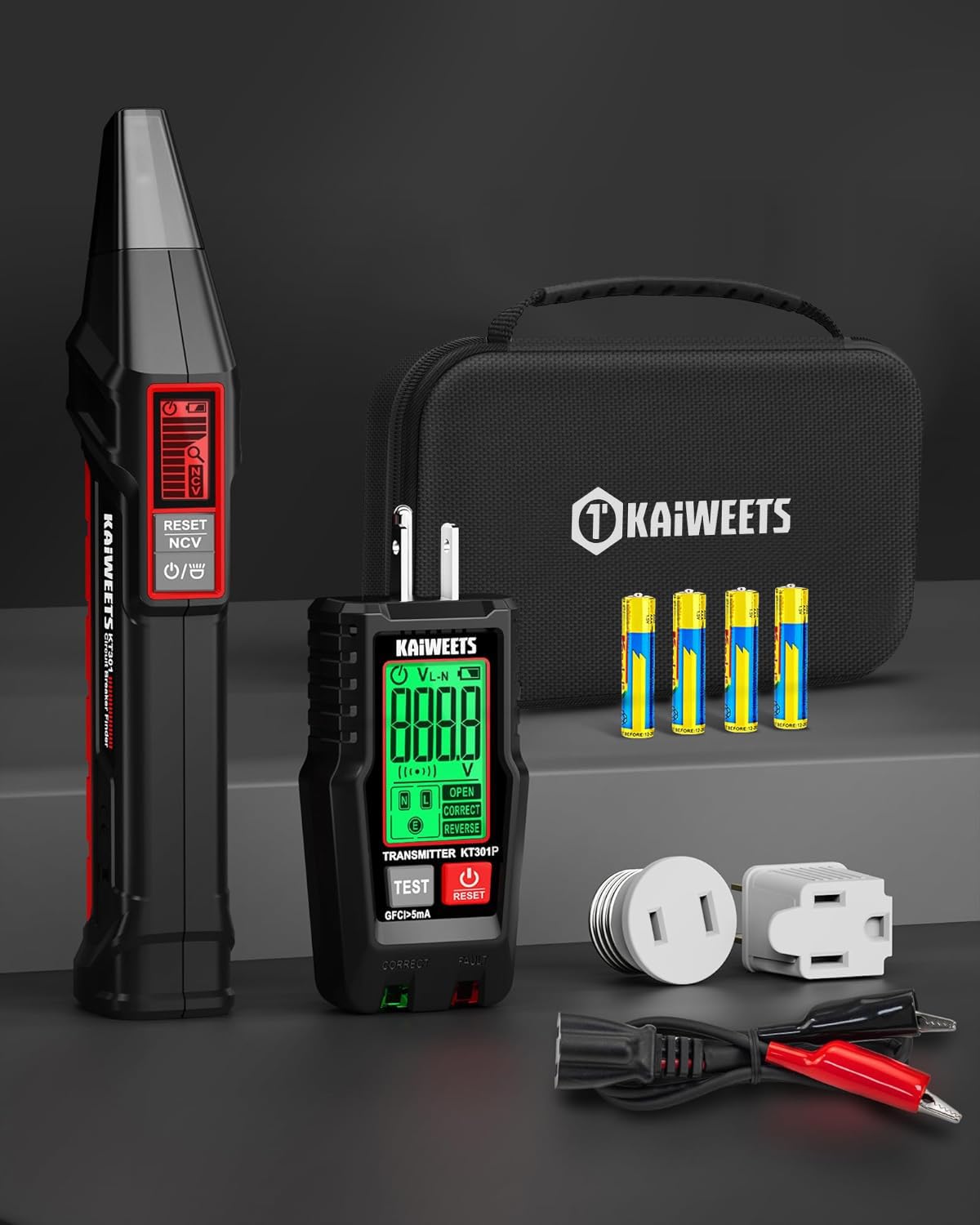 KAIWEETS Circuit Breaker Finder with LCD Display, GFCI Outlet Tester, Electrical Circuit Tracer Tool with NCV Test & Flashlight, Includes Carrying Case and Adapters- KT301P