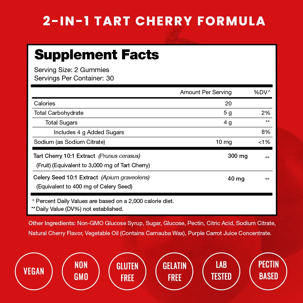NutraChamps Tart Cherry Gummies - 3000mg Tart Cherry Extract with Celery Seed - Uric Acid Cleanse Supplement - Antioxidant, Joint Comfort, Flexibility, Immune Health, Sleep - 60 Vegan Gummies