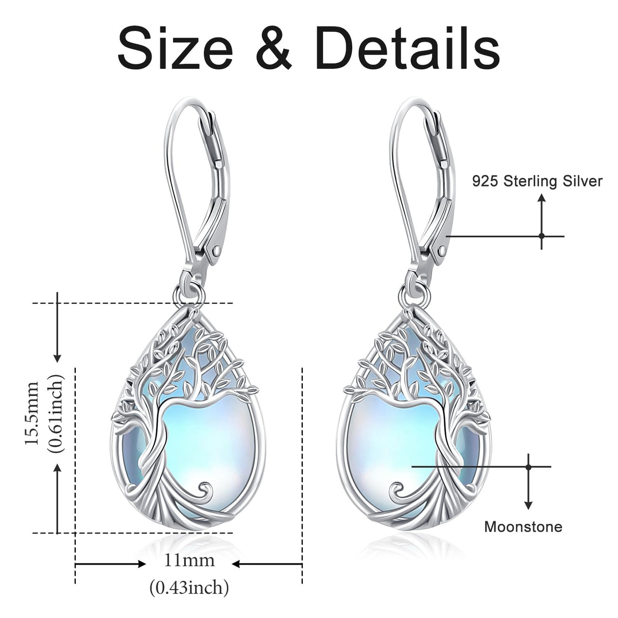 Odinstone Sterling Silver Earrings Tree of Life Moonstone Earring for Women