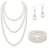 Long Pearl Necklace for Women Layered Cream White Faux Pearl Beads Strand Necklace Pear Stretch Bracelets Earring Costume Jewelry Set,3Pcs,Christmas Jewelry for Women