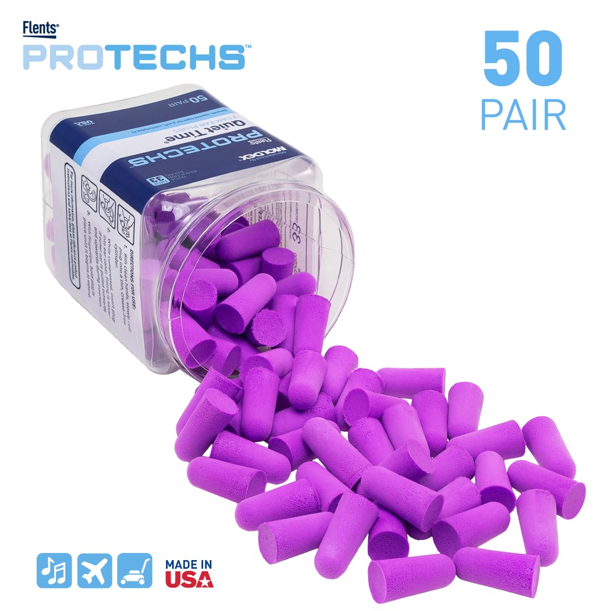 Flents Protechs Foam Ear Plugs, 50 Pair for Sleeping, Snoring, Loud Noise, Traveling, Concerts, Construction, Studying, Work, Shooting, NRR 33, Noise Cancelling, Disposable, Purple, Made in the USA