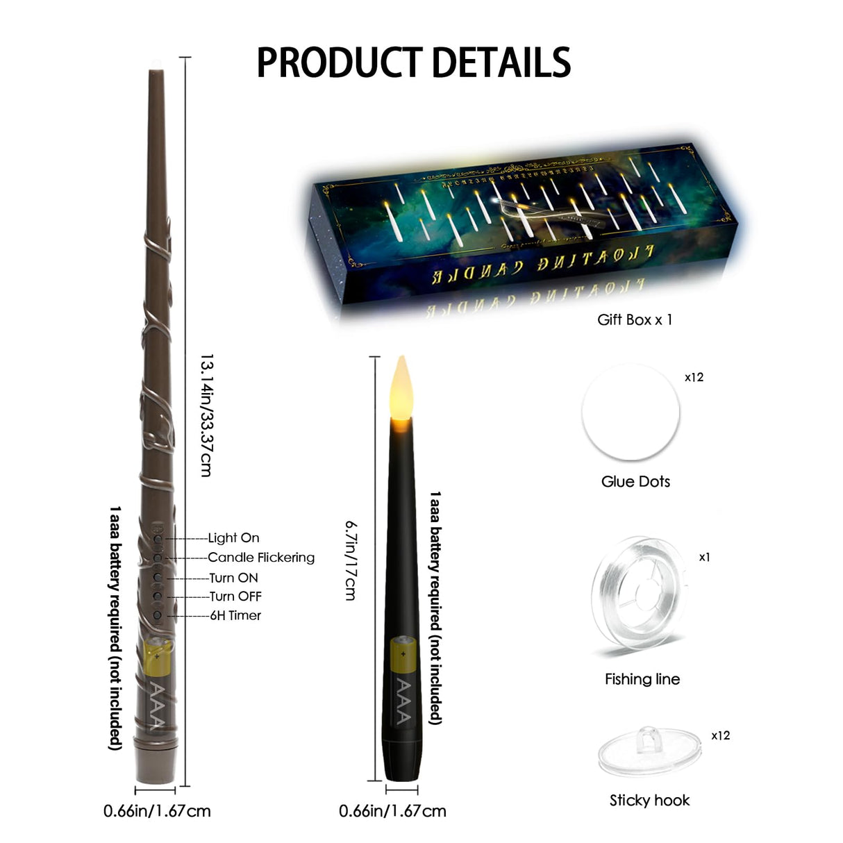 Lezonic Black Floating Candles with Wand Remote, Set of 12 Magic Flameless Candles Battery Operated, Flikering Hanging LED Taper Candlesticks Christmas Decorations, 0.51" x 6.7"