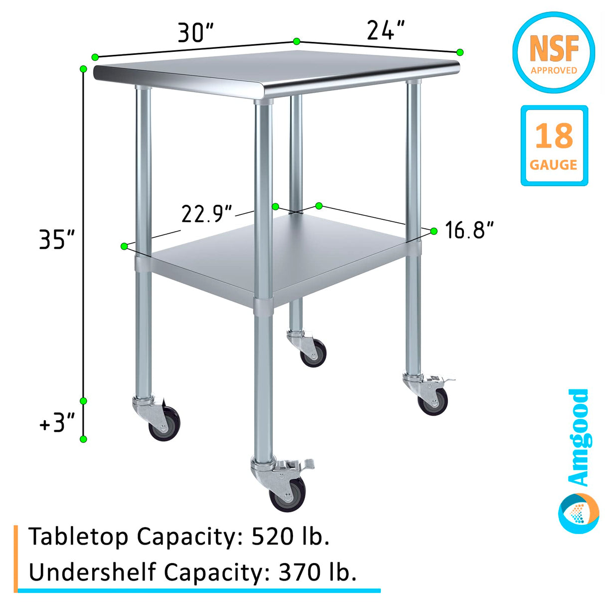 AmGood 24 in. x 30 in. Stainless Steel Work Table with Wheels | Metal Kitchen Food Prep Table | NSF