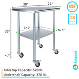 AmGood 24 in. x 30 in. Stainless Steel Work Table with Wheels | Metal Kitchen Food Prep Table | NSF