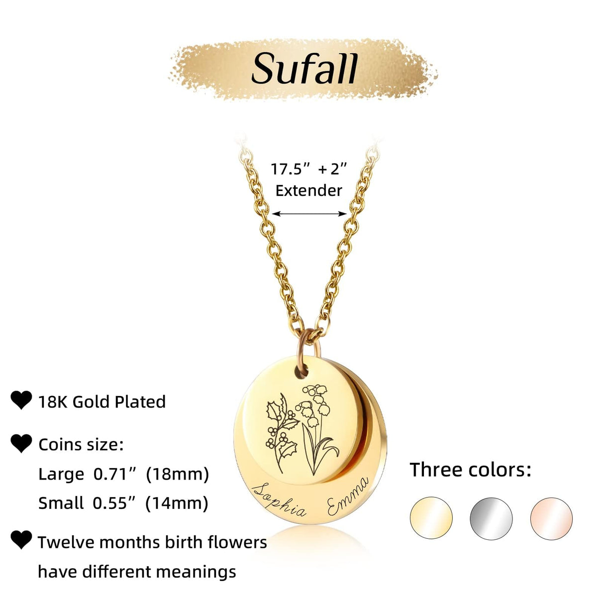 sufall Personalized Name Necklace with Birth Flower – Custom Engraved Jewelry for Women, Mom, Grandma | Christmas, Birthday, Mother’s Day Gift
