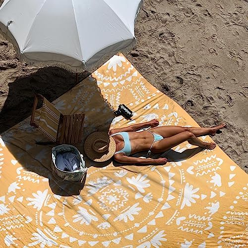 110''×118'' Extra Large Sandproof Beach Blanket 4-8 Adults, Waterproof Foldable Picnic Blankets with 4 Stakes & 4 Pockets, Lightweight Boho Outdoor Beach Mat for Travel, Camping, Hiking