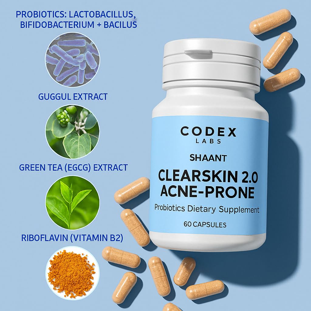 Codex Labs Shaant Clear Skin Supplement – 60 Vegan Capsules | Acne Probiotics with 9-Strain Blend, Green Tea EGCG & Guggul – Daily Support for Acne-Prone Skin & Clear Complexion