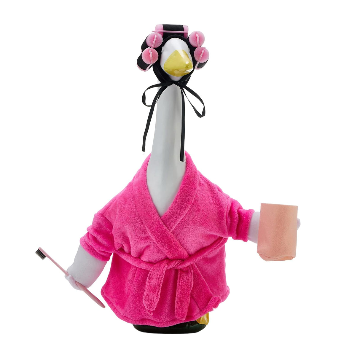 POZMTIORE Lady Porch Goose Outfit Set for 23'' Cement Plastic Lawn Goose Statue Bathrobe, Hair Rollers, Toothbrush & Cup for Garden Yard Decor (Rose Red)