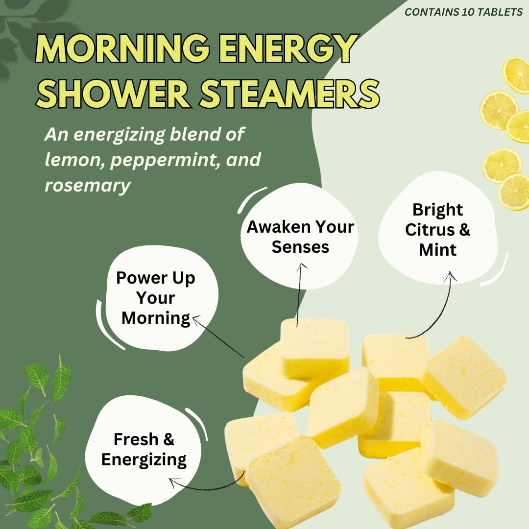 Morning Energy Shower Steamers Aromatherapy for Energy - Christmas Gift - Adult Stocking Stuffer - USA Made - Peppermint & Lemon Shower Bomb Tablets -Soothing Natural Essential Oils (10 Pack)