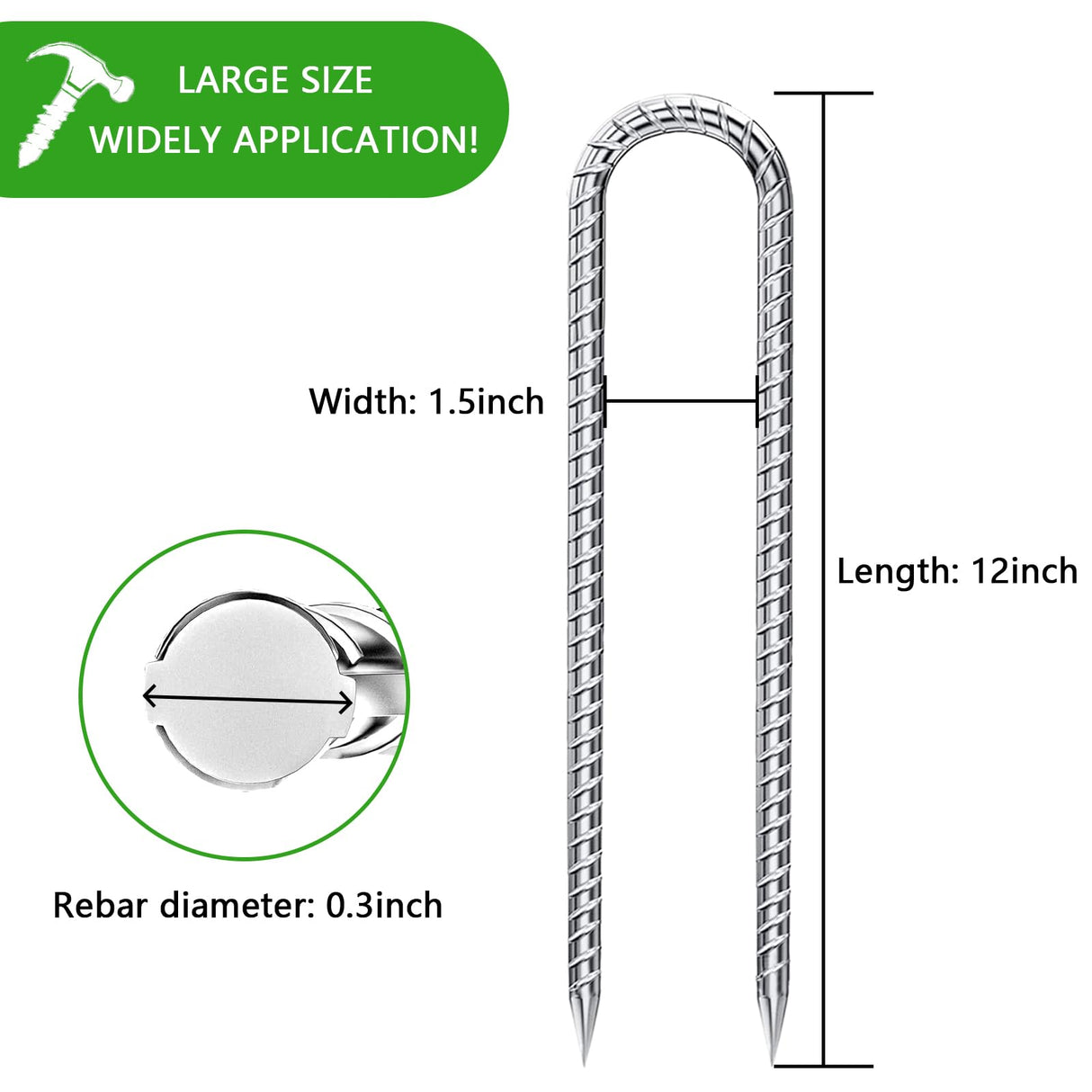Rebar-Stakes-12-Inch-Galvanized, U Hook Trampoline Stakes 10 Pack Ground Anchors Tent Stakes Heavy Duty for Plants Anti-Rust Landscape Fabric Stakes Artificial Turf
