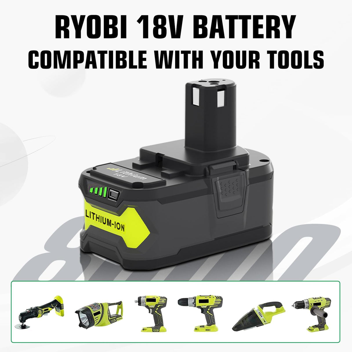 2-Pack 18V 8000mAh P108 Extended Runtime Lithium Battery Replacement for Ryobi 18V Battery Compatible with Ryobi 18 Volt Battery P102 P103 P104 P105 P107 P109 P108 P190 P122 Cordless Tools (Green)