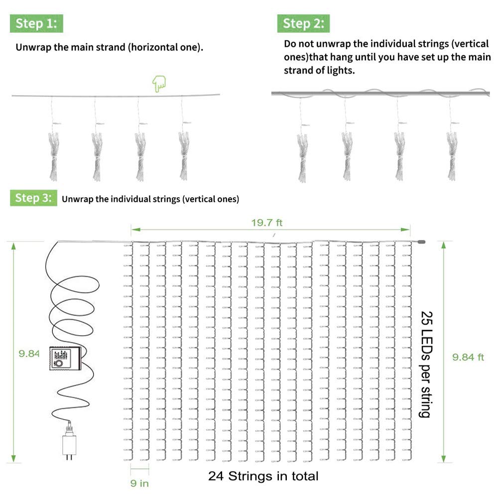 Solhice LED Curtain Lights Outdoor 20ft x10ft, 600 LED Plug in Hanging Christmas String Lights Indoor Bedroom, Twinkle Light Backdrop for Outside Wedding Decor, Warm White (Not Connectable)