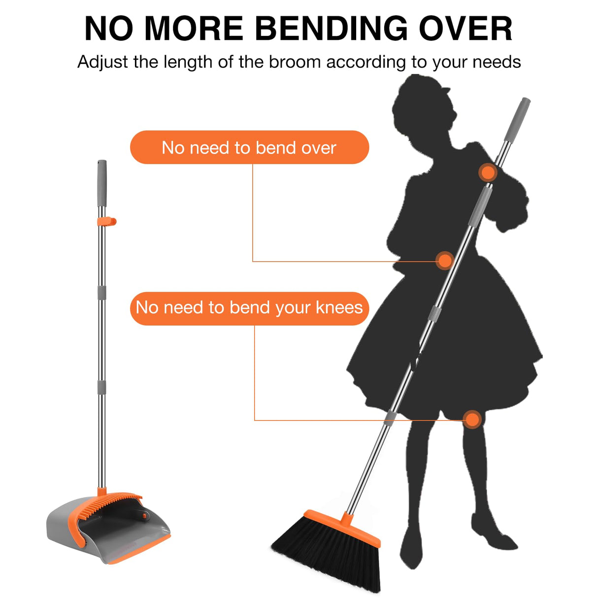 NACENA Broom and Dustpan Set, 52-in Long Adjustable Handle Broom Dustpan Combo with Dustpan Teeth to Automatically Clean Hair Suitable for Home Kitchen Office Hall Floor (Grey&Orange), 2 Pack