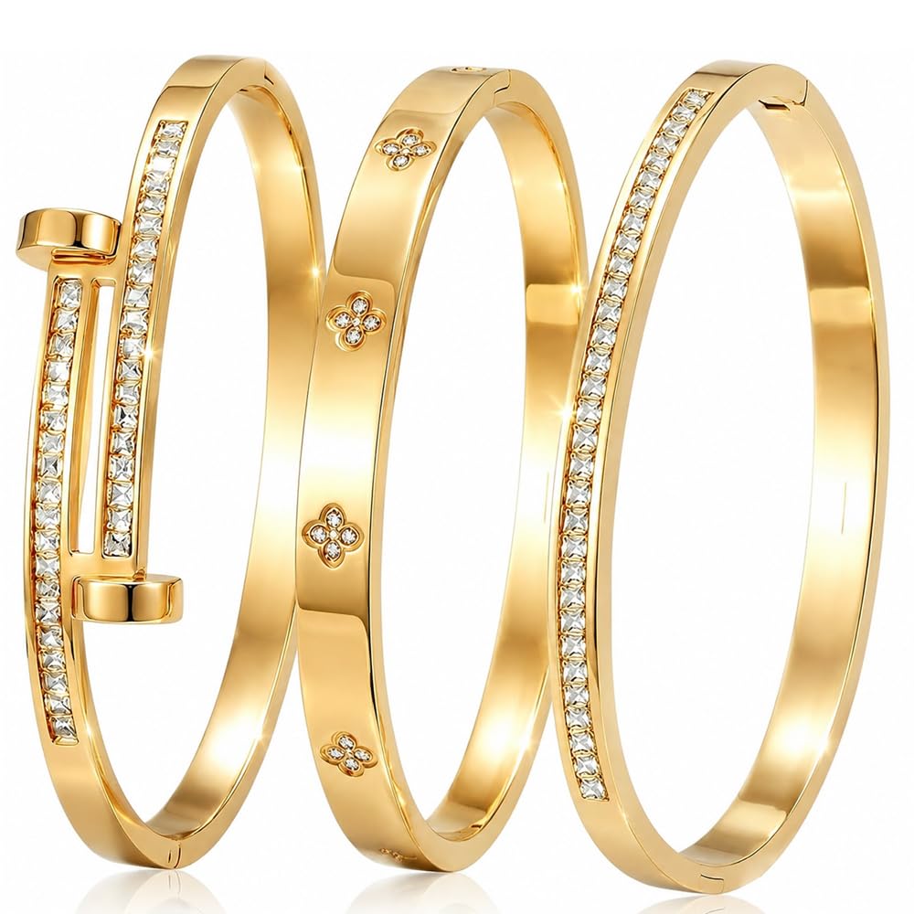 Xigocorsn Gold Bangles Bangle Bracelets Set for Women, genuine gold electroplating 3 Piece Elliptical Design with Cubic Zirconia Accents, 2.36 Inch Diameter, Waterproof Stainless Steel