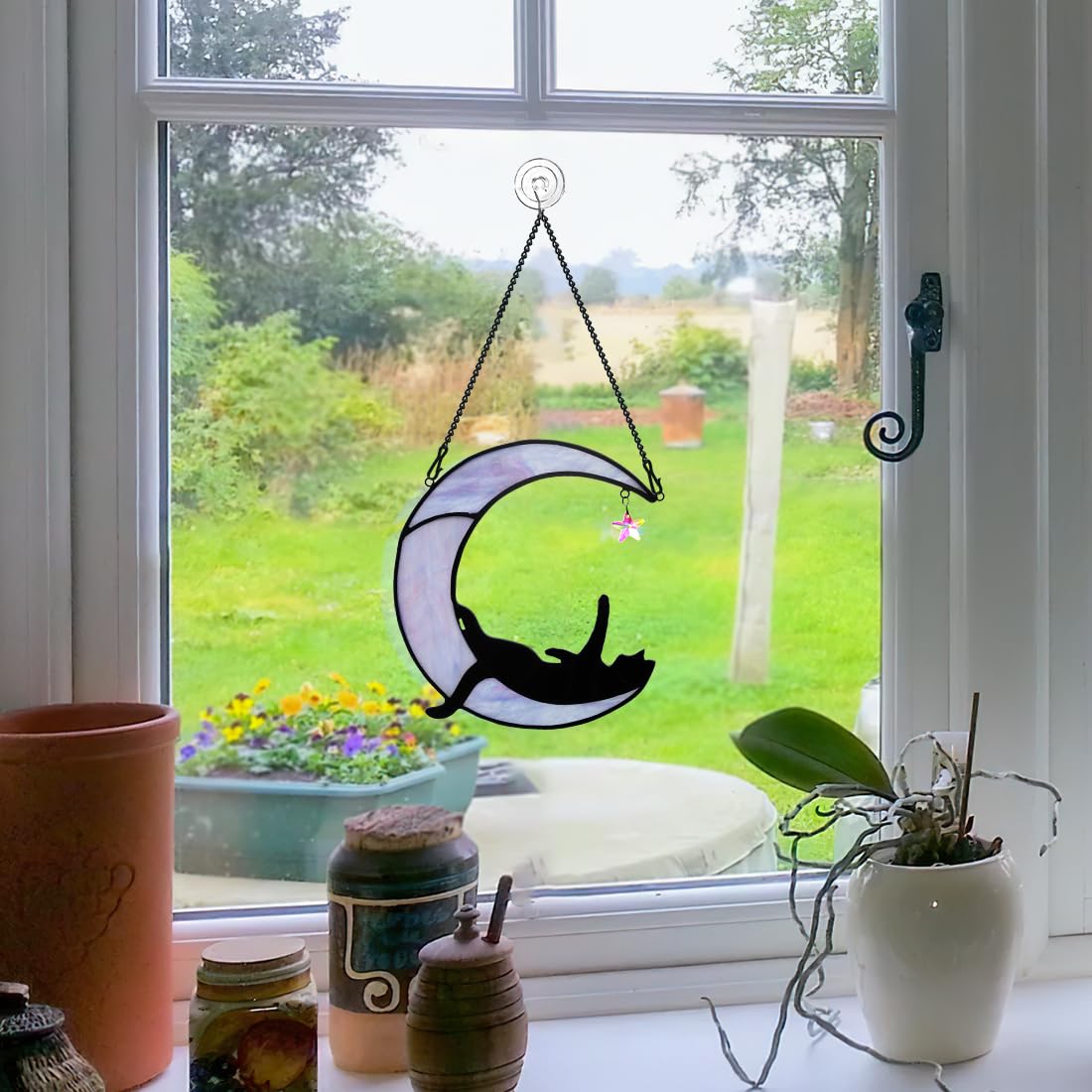 BOXCASA Black Cat Stianed Glass Suncatcher for Windows, Witchy Cat Gifts
