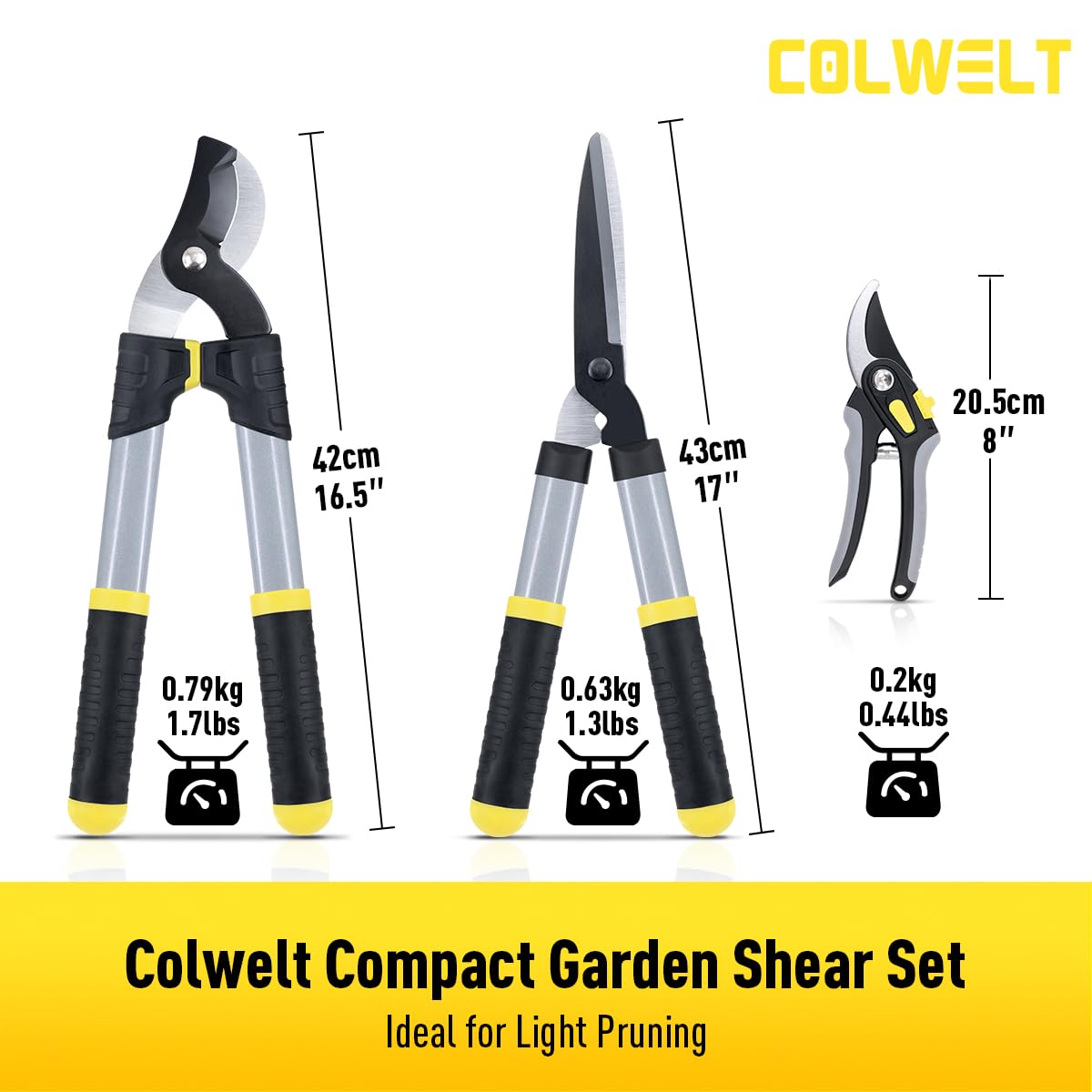Colwelt Loppers Hedge Clippers Garden Shears 3Pcs, Compact Garden Loppers Shear Set with 17’’ Bypass Branch Cutters & Hedge Shears & Pruners, Tree Shrub Care Kit for Lopping with Soft Grip Handle