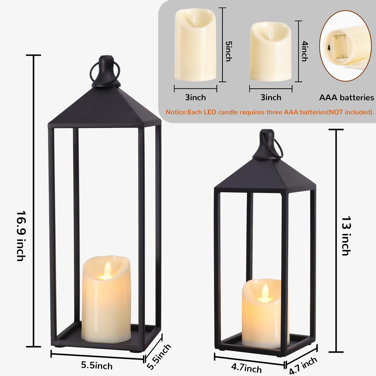 Lanterns Decorative Outdoor Indoor, 17" 13" Set of 2 Black Candle Lanterns