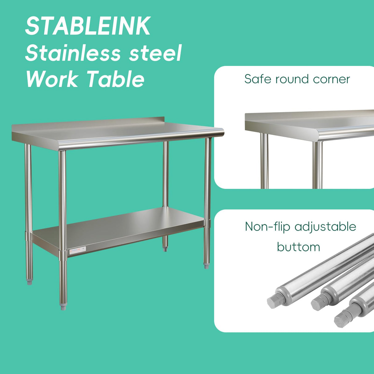 STABLEINK NSF Stainless Steel Prep & Work Table 36x24 Inches, Heavy Duty Metal Table with Backsplash and Undershelf for Commercial Kitchen, Restaurant, Home, Laundry Room and Garage