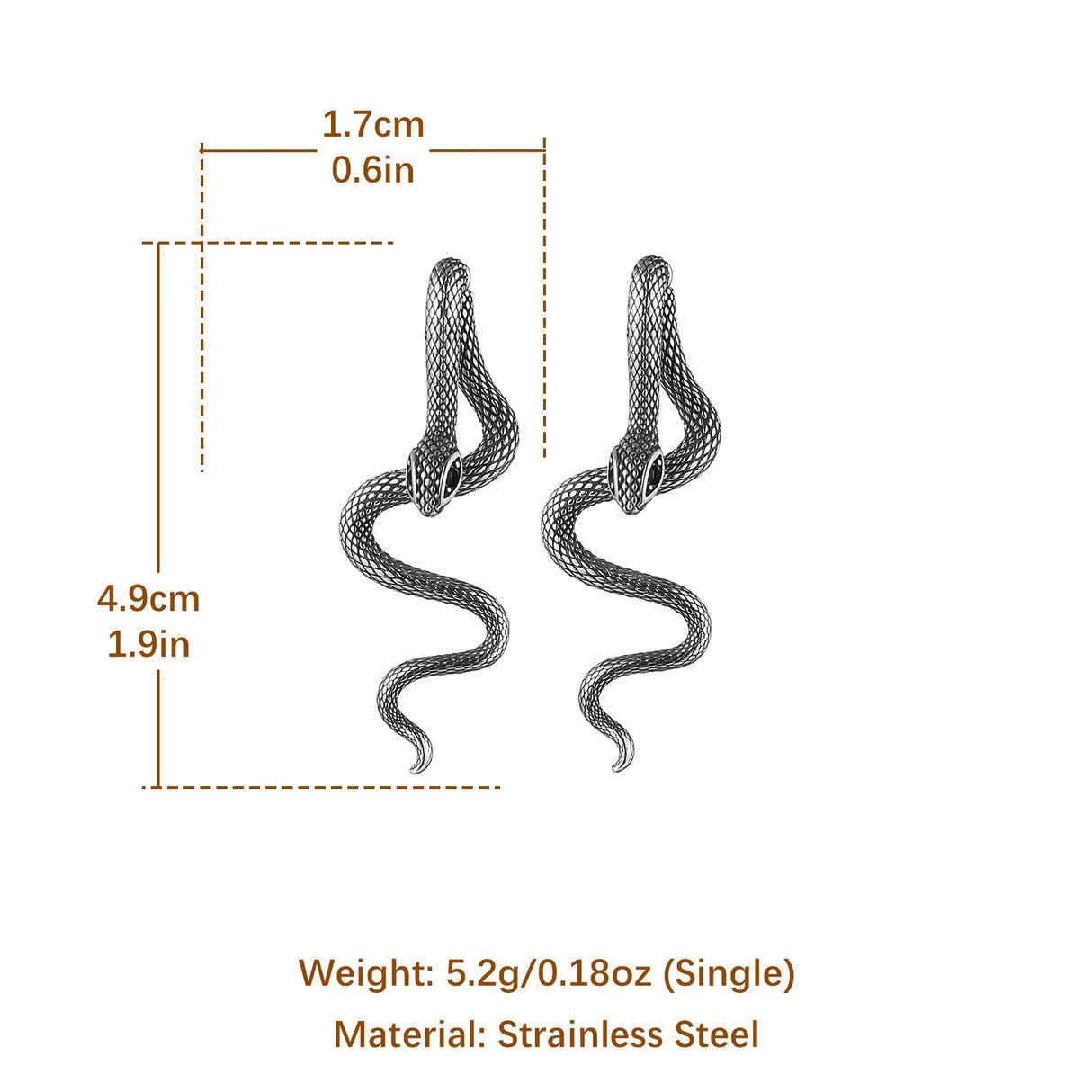HZMAN Gothic Snake Stud Earrings for Women,Hypoallergenic,Waterproof