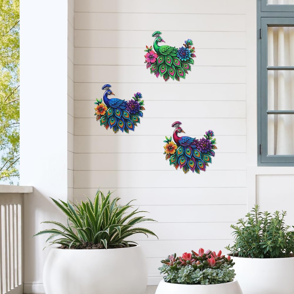 dreamskip 3 Piece Metal Peacock Wall Decor, Iron Tropical Peacocks Wall Art, Outdoor Metal Birds Garden Wall Decors Sculptures for Patio Fence Living Room Housewarming Gifts