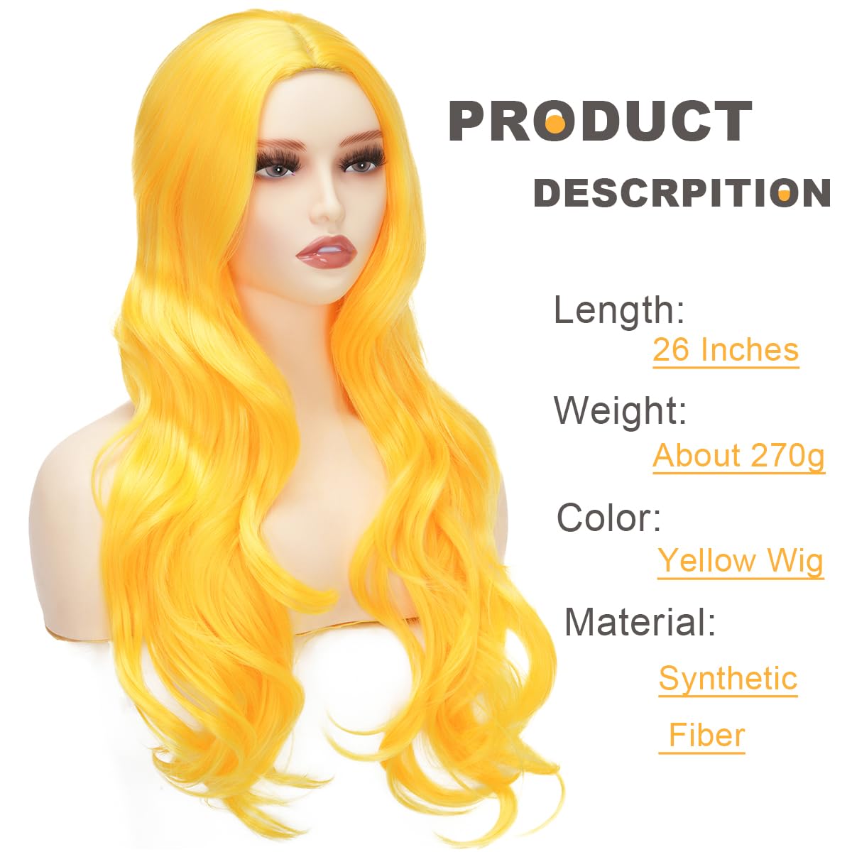 Sabosi Yellow Wig Long Curly Wavy Cute Colorful Wigs Middle Part Synthetic Hair Wigs for Christmas Cosplay Daily Party Wigs