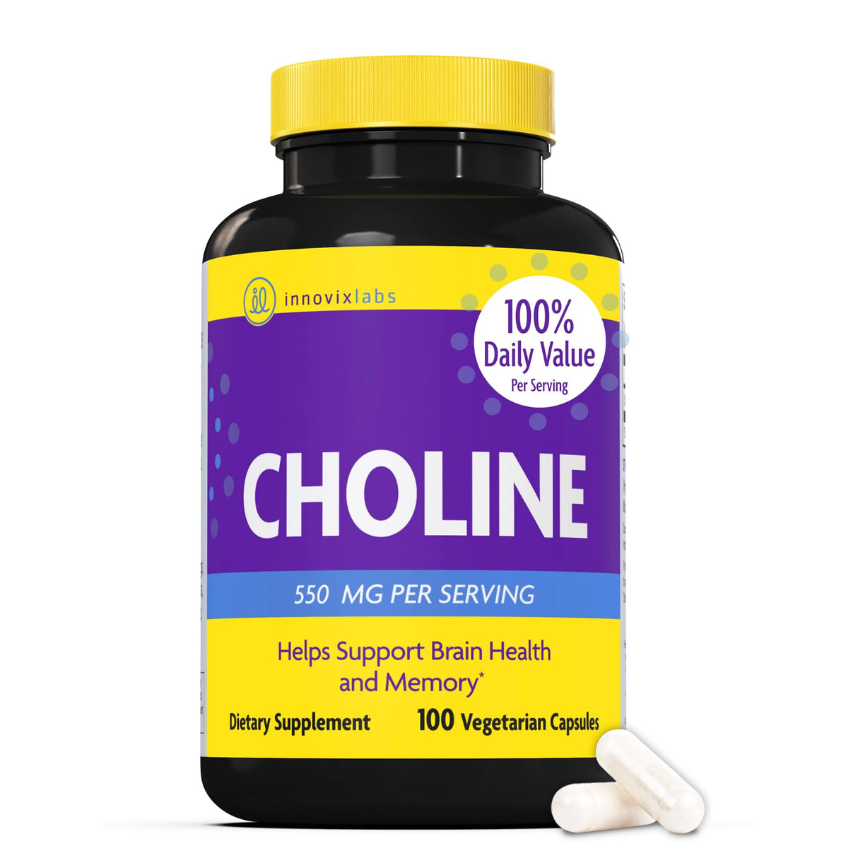 InnovixLabs Choline Supplement 550mg Pure Choline Bitartrate for Brain Health, Focus, Memory, Cognitive Development, Fatty Liver and Mood Support for Women and Men, 100 Capsules