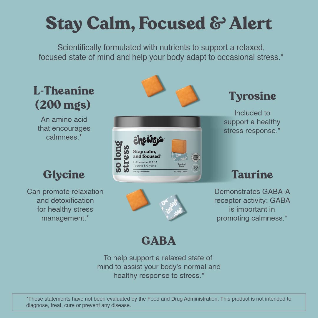 Chewsy So Long Stress, Calm Fruity Chews, Stay Calm & Focused. w/L-theanine, Amino Acid, GABA, Glycine, Tyrosine, Taurine & Magnesium. Non-GMO and Gluten-Free. Tropical Fruity Chews, 30-Day Supply