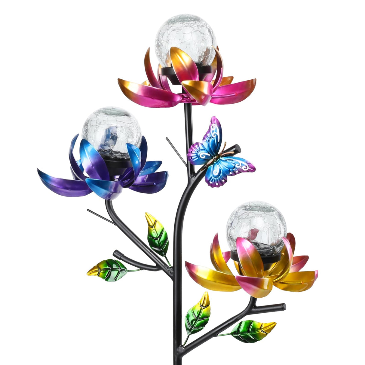 Solar Lights Outdoor Decorative Lotus Flowers Wind Spinner Garden Stake with LED Crackle Balls Solar Wind Sculpture Yard Art Decor for Patio, Lawn & Garden