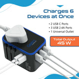 Ceptics Universal Travel Adapter, 45W International Power Adapter with PD & QC 3.0 Dual USB-C, 3 USB Travel Adapter Worldwide, Type I C G A Outlets 110V 220V A/C - EU Euro US UK (11-KU)