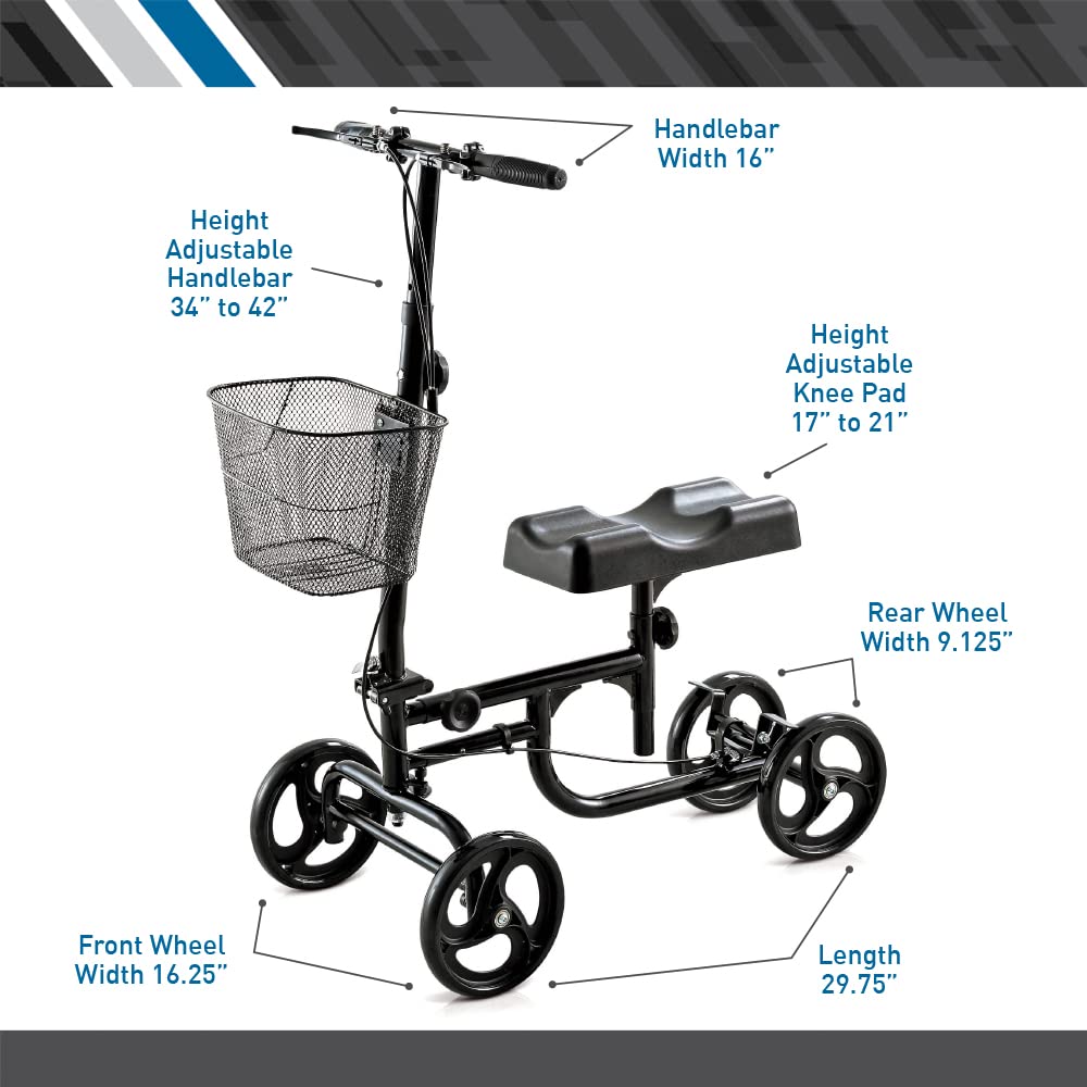 BodyMed Knee Walker for Injuries with Dual Brakes, Metal Basket & Knee Pad Cover - Collapsible and Adjustable Scooter, Broken Leg Caddy, Better Alternative to Crutches