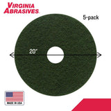 Virginia Abrasives Green Floor Maintenance Pads, Heavy Duty Non-Woven Scrub Pads for Floor Scrubber Machine & Orbital Machines, Deep Cleaning & Light Stripping for Heavily Soiled Floors, 20" - 5 Pack