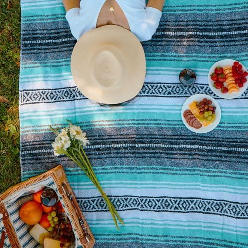 Benevolence LA Authentic Handwoven Mexican Blanket | Yoga Blankets, Outdoor, Picnic, Beach, Camping | Equestrian Saddle | Serape 50x70 inches - Mint, Pack of 1