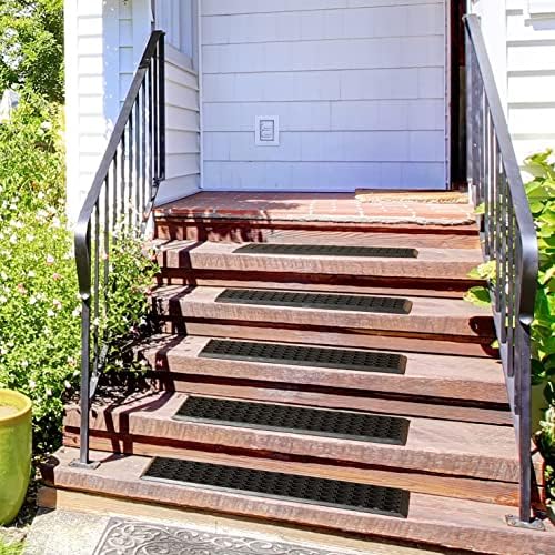 Ottomanson Indoor/Outdoor Hose-Wash Holes Design Non-Slip Rubber 10" x 30" Modern Stair Treads for Stairs, Garage, Patio, 5 Pack, Black Holes